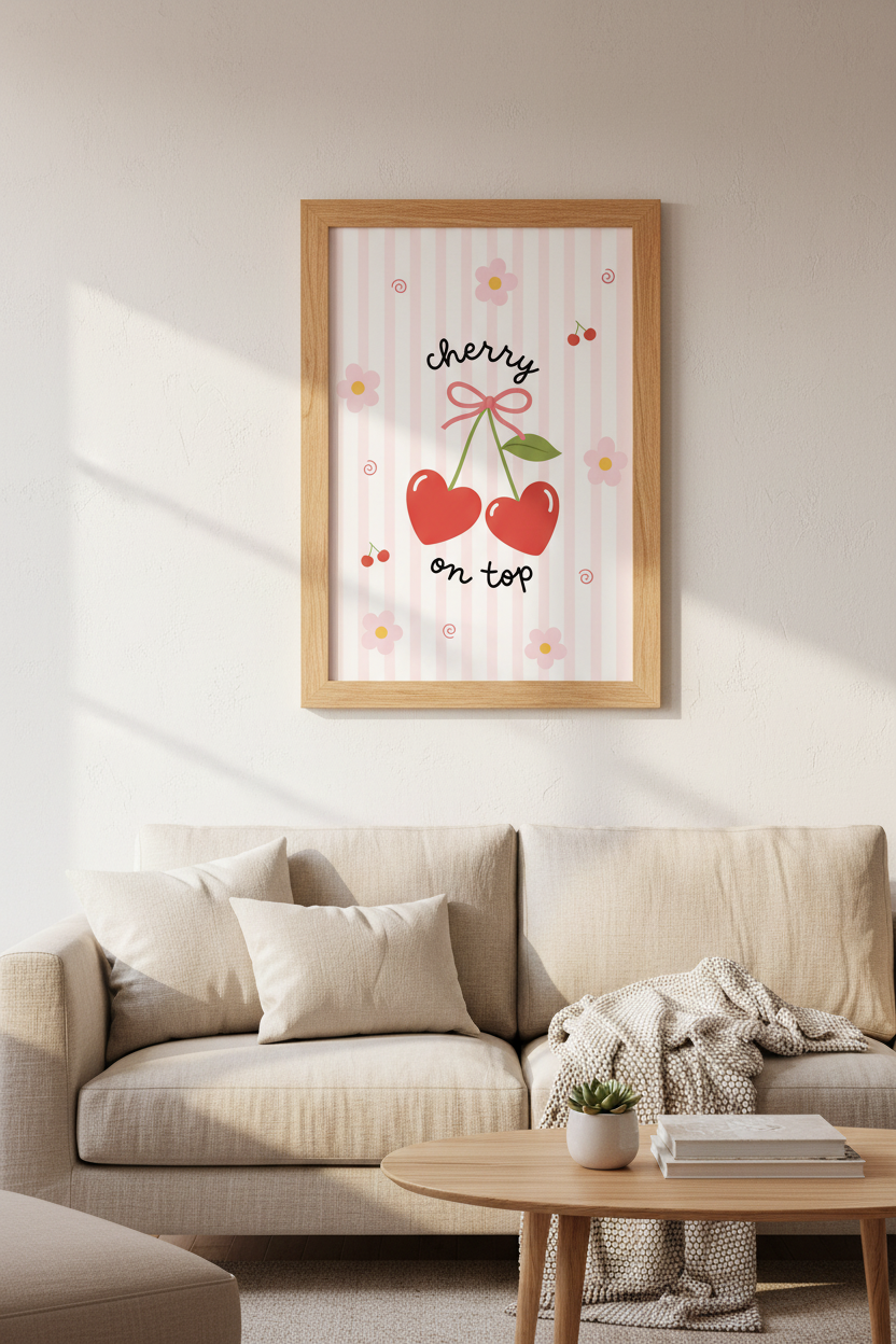 Cherry Heart Wall Art Print | Pink Coquette Nursery Decor | Kawaii Poster