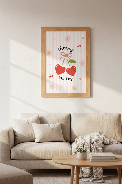 Cherry Heart Wall Art Print | Pink Coquette Nursery Decor | Kawaii Poster