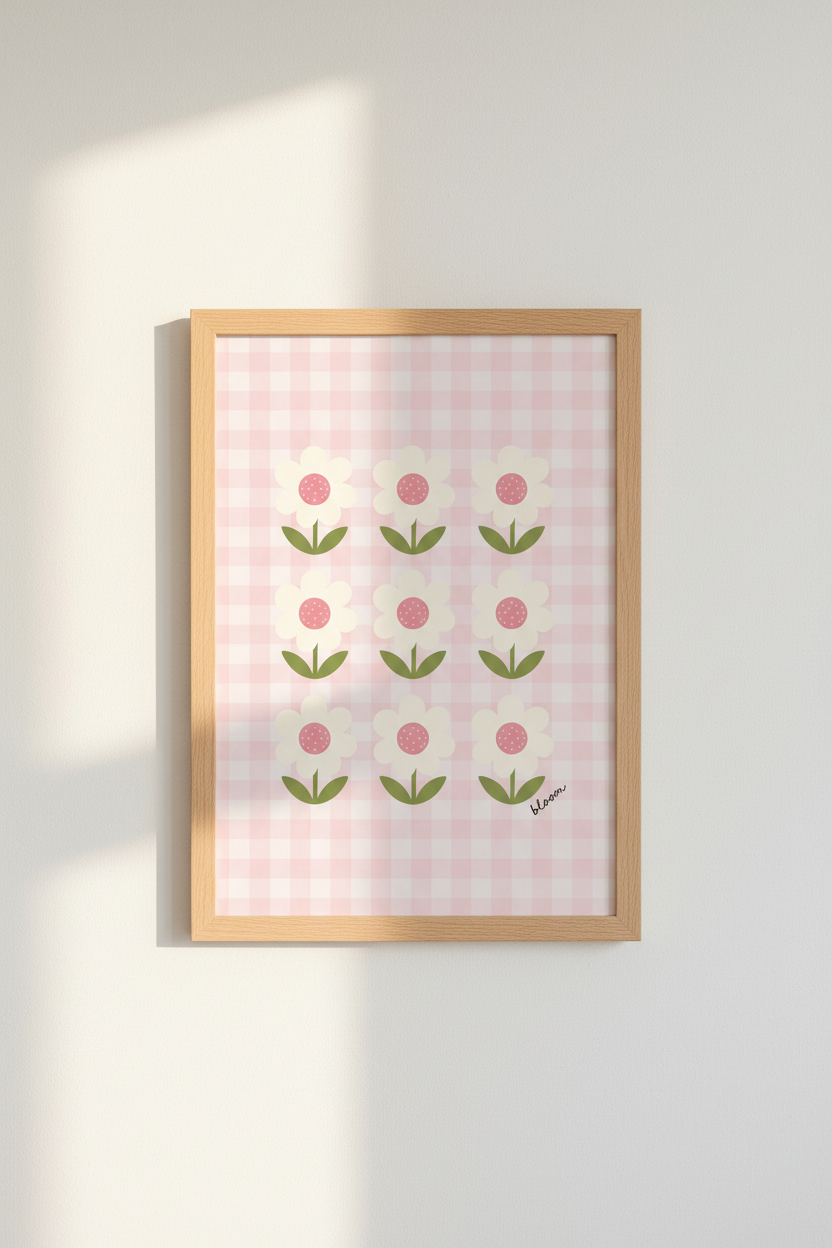 Retro Pink Gingham Daisies Wall Art | Nursery Decor | Pastel Aesthetic Poster