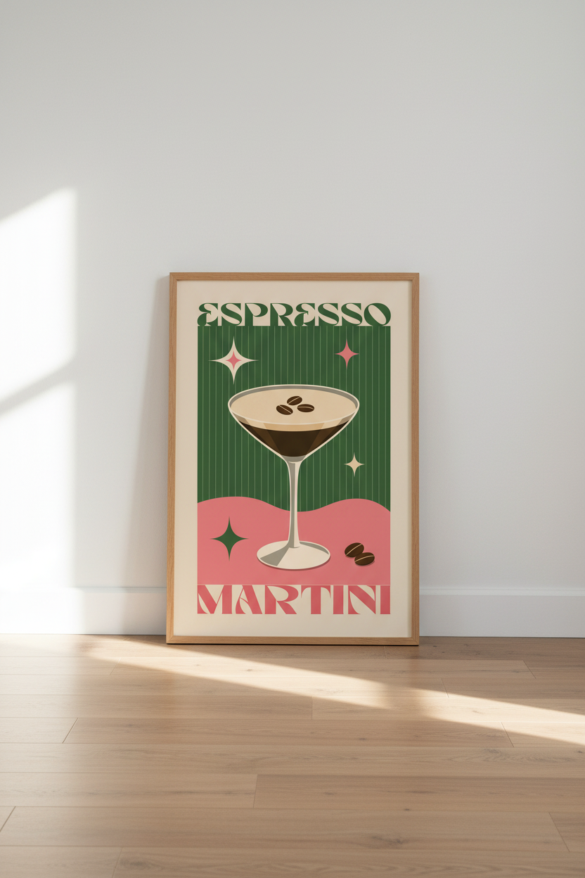 Espresso Martini Wall Art | Retro Pink &amp; Green Cocktail Poster, Bar Cart Decor