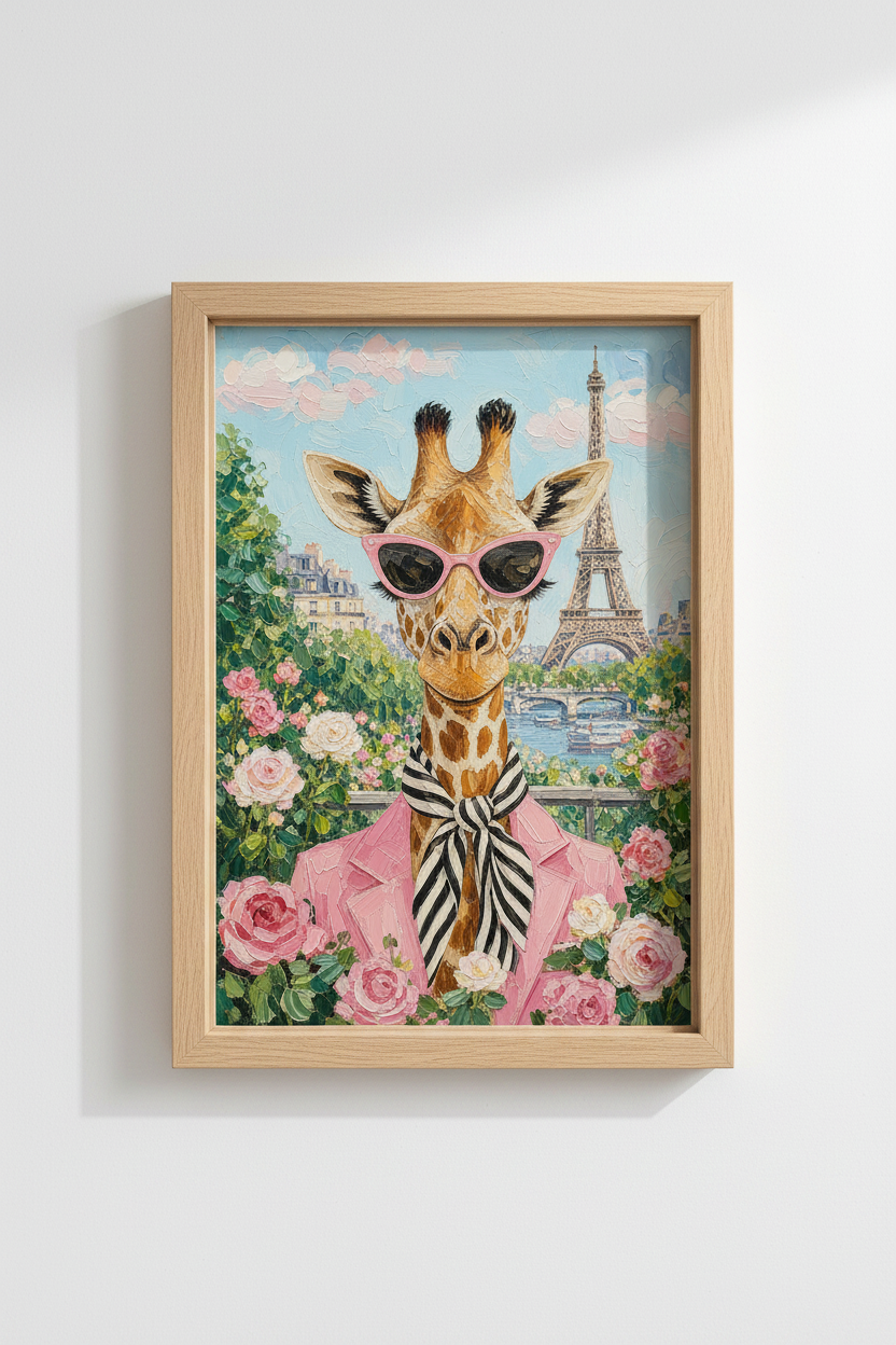 Paris Giraffe Art Print | Whimsical Animal Oil Painting, French Chic Nursery Decor