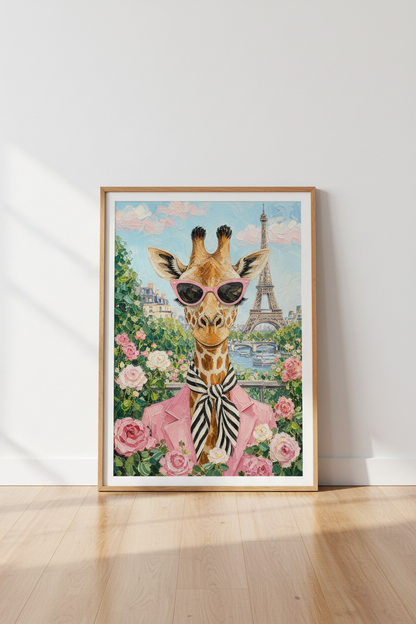 Paris Giraffe Art Print | Whimsical Animal Oil Painting, French Chic Nursery Decor