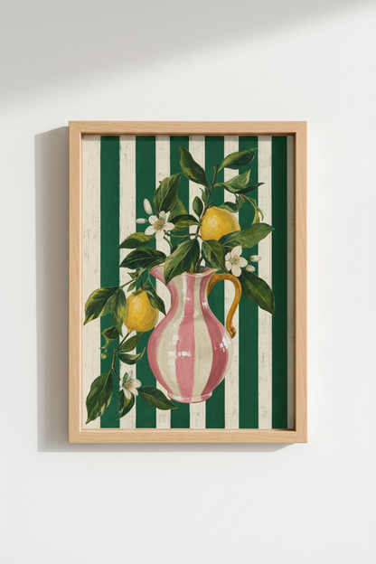 Citrus Mediterranean Wall Art | Lemon Kitchen Decor, Pink and Green Striped Poster