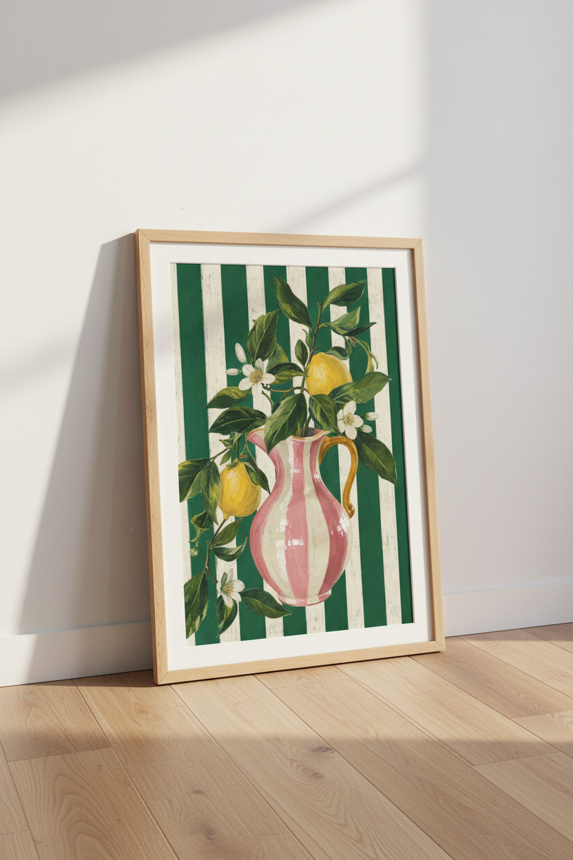 Citrus Mediterranean Wall Art | Lemon Kitchen Decor, Pink and Green Striped Poster