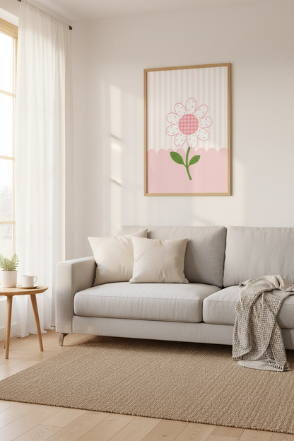 Pink Flower Patchwork Wall Art | Nursery Decor | Whimsical Daisy Poster