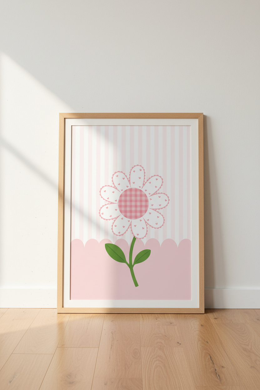 Pink Flower Patchwork Wall Art | Nursery Decor | Whimsical Daisy Poster