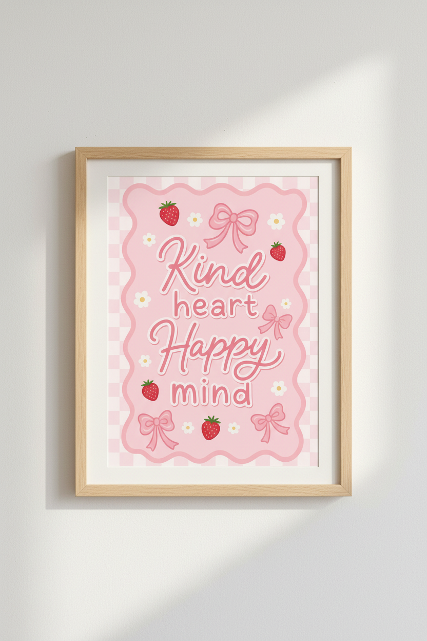 Kind Heart Happy Mind Art | Pink Coquette Strawberry Poster, Nursery Decor