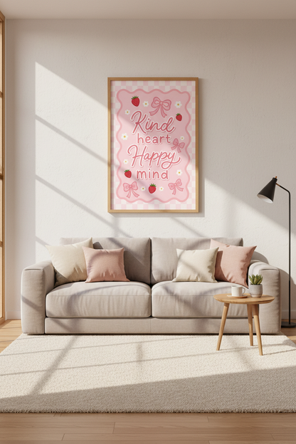 Kind Heart Happy Mind Art | Pink Coquette Strawberry Poster, Nursery Decor