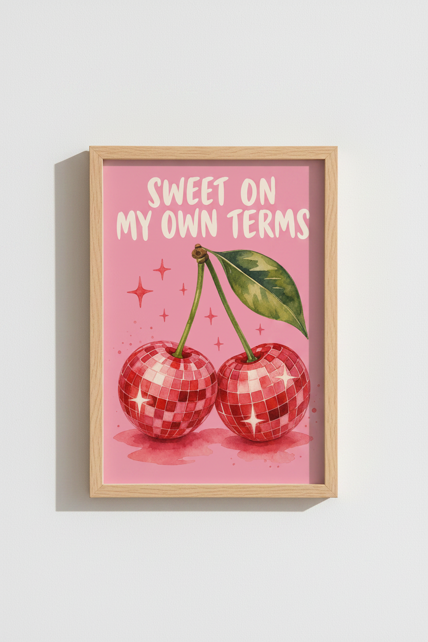 Disco Cherry Wall Art | Sweet On My Own Terms Retro Poster, Pink Preppy Decor