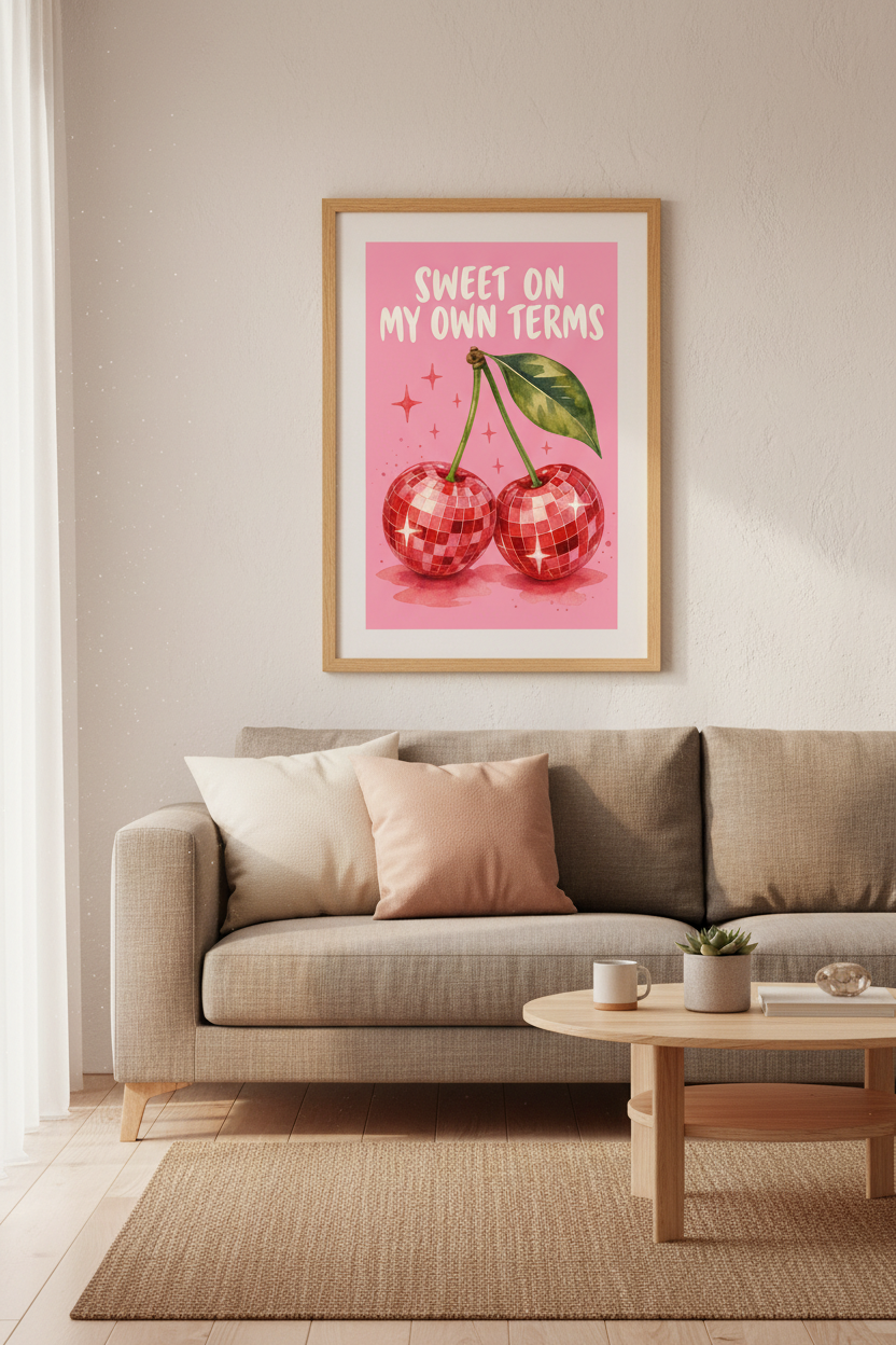 Disco Cherry Wall Art | Sweet On My Own Terms Retro Poster, Pink Preppy Decor