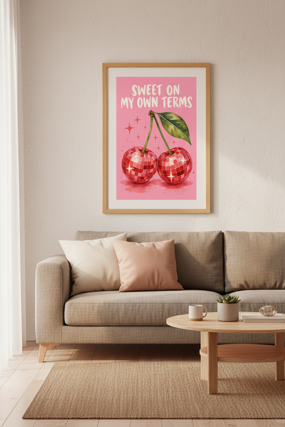 Disco Cherry Wall Art | Sweet On My Own Terms Retro Poster, Pink Preppy Decor
