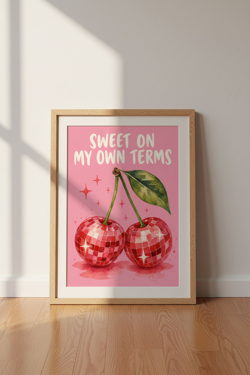 Disco Cherry Wall Art | Sweet On My Own Terms Retro Poster, Pink Preppy Decor