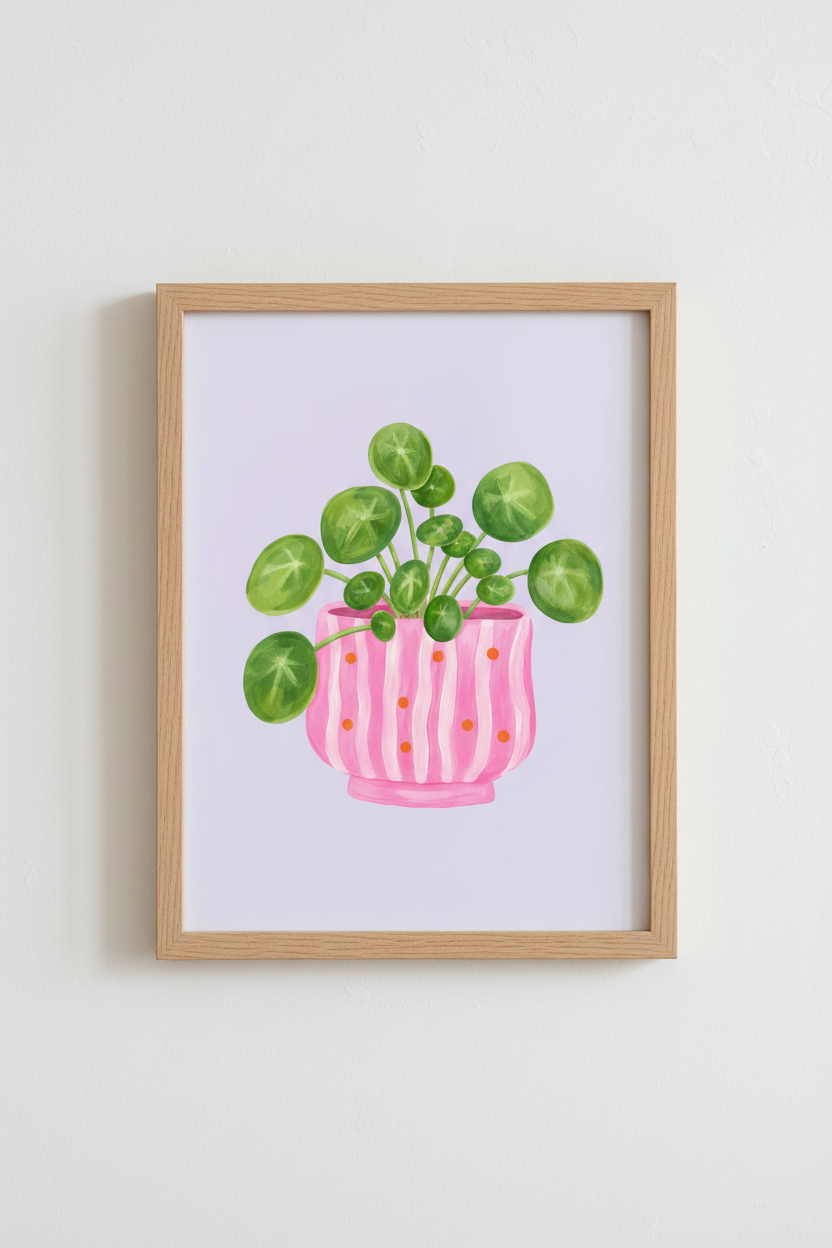 Hand Painted Botanical Art | Pink Pilea Plant Print, Lavender Floral Decor