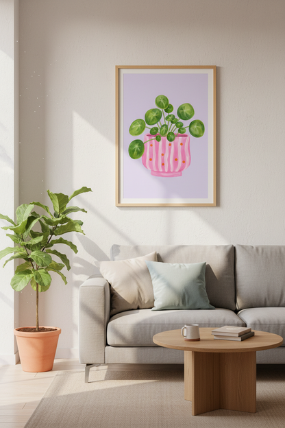 Hand Painted Botanical Art | Pink Pilea Plant Print, Lavender Floral Decor