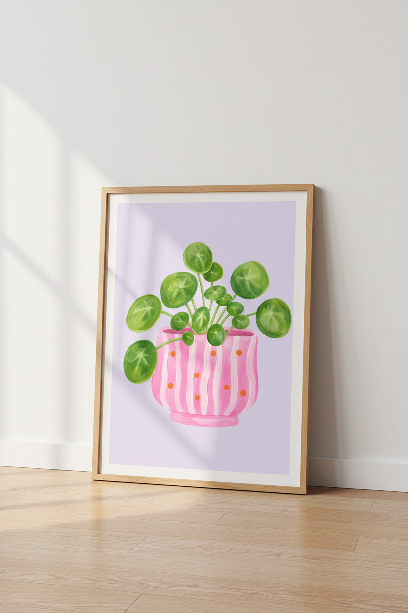 Hand Painted Botanical Art | Pink Pilea Plant Print, Lavender Floral Decor