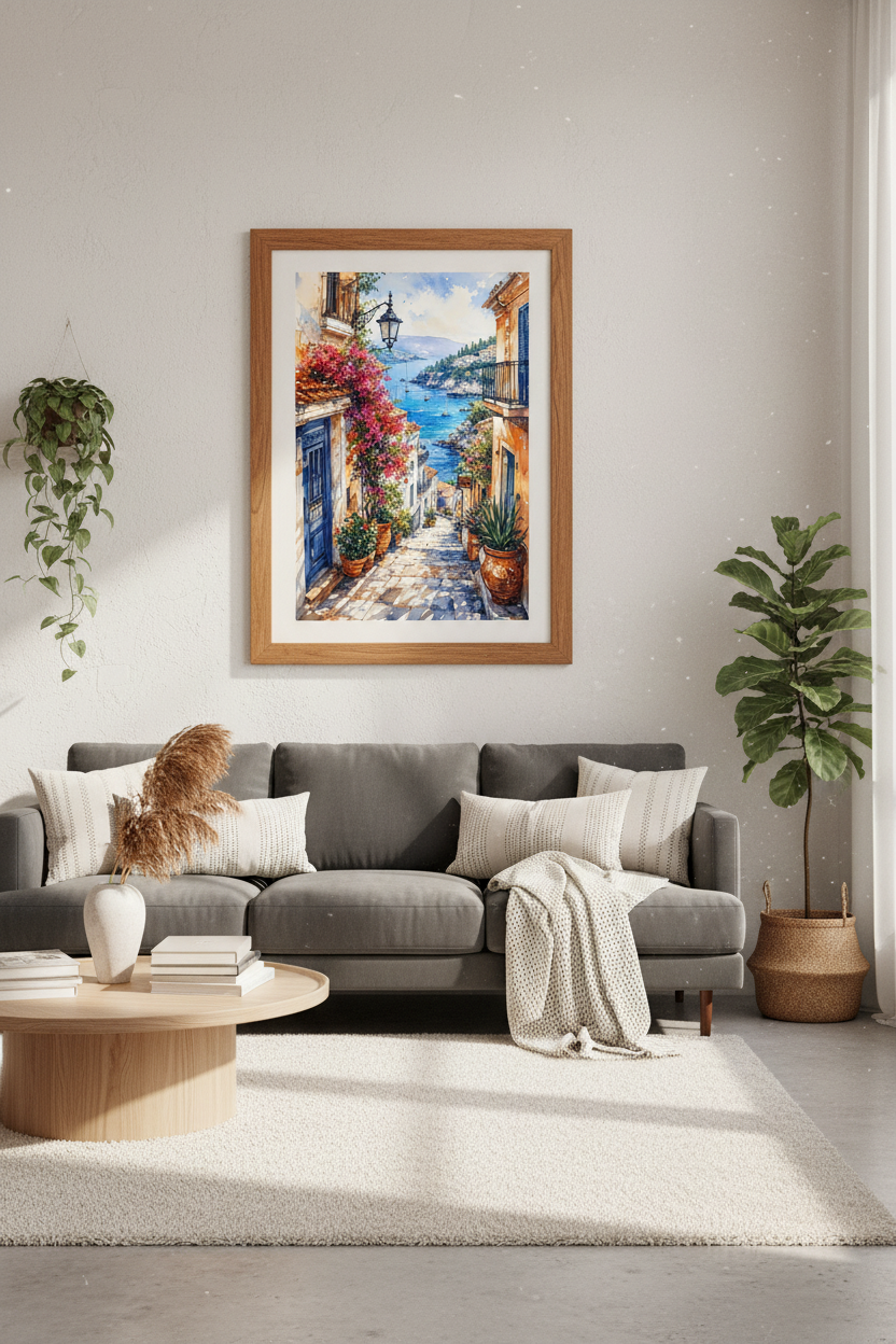 Mediterranean Coastal Village Watercolor Print | Blue Sea Coast, Living Room Decor