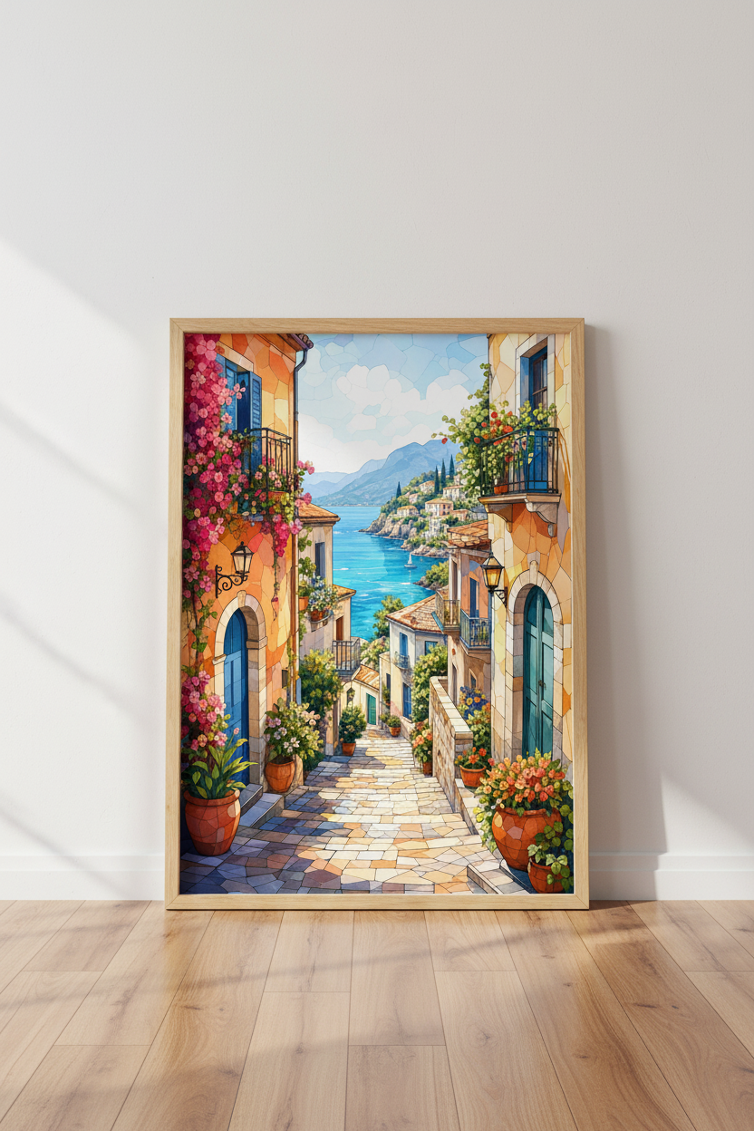 Mediterranean Coastal Village Art | Colorful Italian Summer Decor, Mosaic Poster