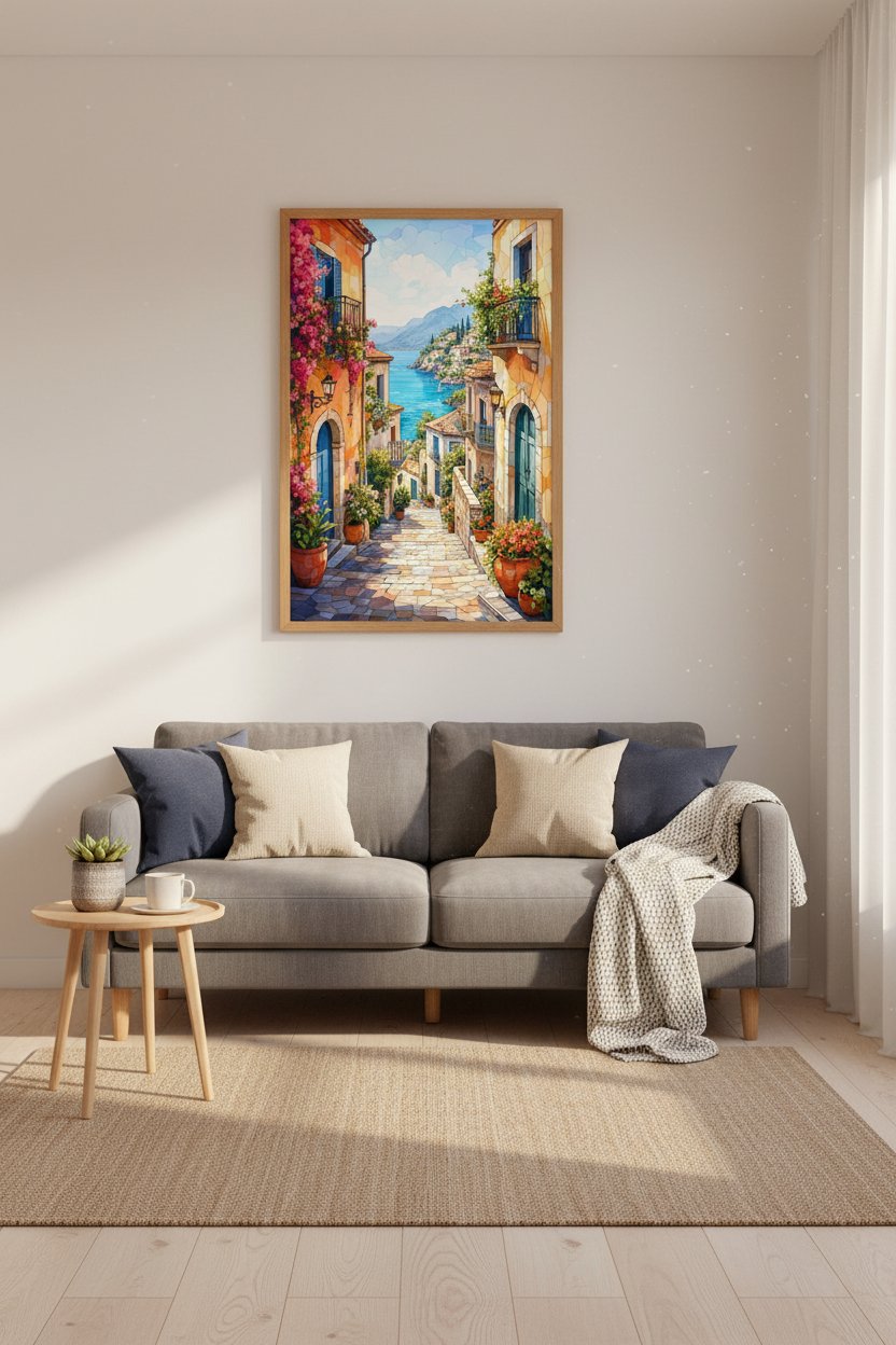 Mediterranean Coastal Village Art | Colorful Italian Summer Decor, Mosaic Poster