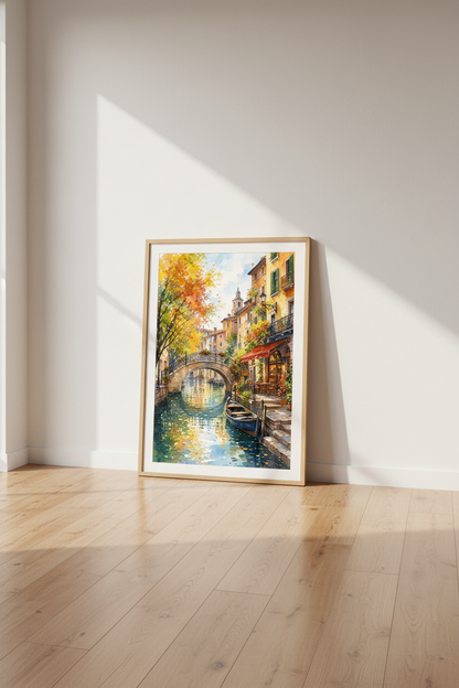 Venice Canal Watercolor Print | Italy Landscape Decor | Warm Autumn Poster
