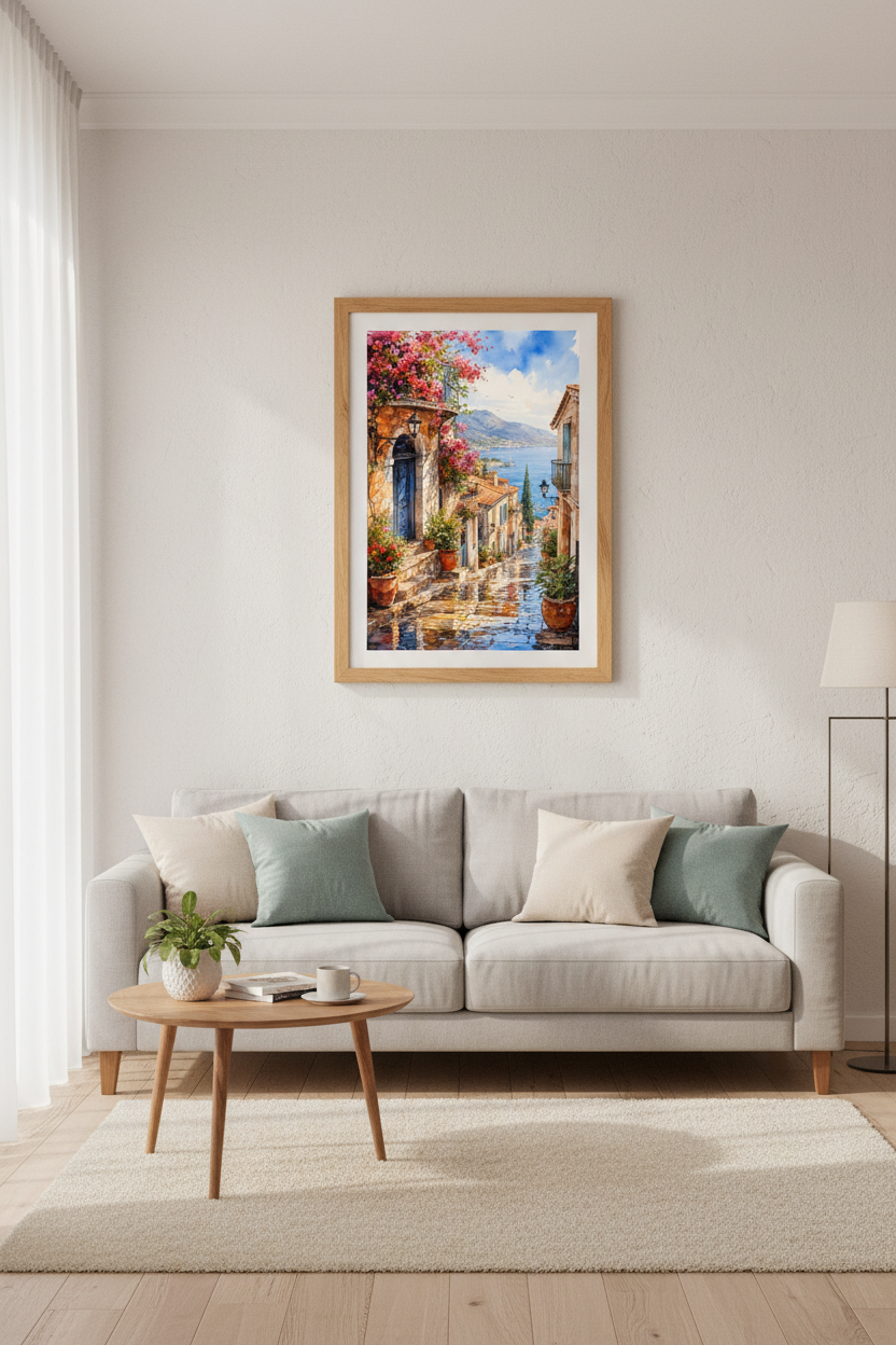 Mediterranean Coastal Village Art | Watercolor Blue Sea &amp; Flowers, Living Room Decor