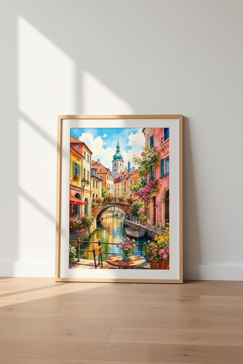 European Canal Watercolor Print | Vibrant Cityscape Wall Art, Travel Poster Decor