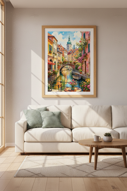 European Canal Watercolor Print | Vibrant Cityscape Wall Art, Travel Poster Decor