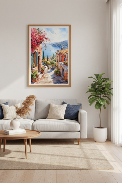 Italian Coastal Watercolor Wall Art | Mediterranean Town Decor | Amalfi Aesthetic Poster