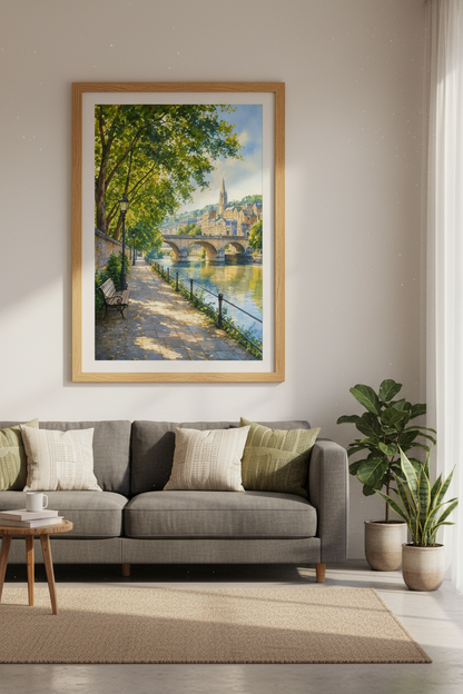 European Riverside Watercolor | Sunny Bridge Cityscape Print, Living Room Wall Art