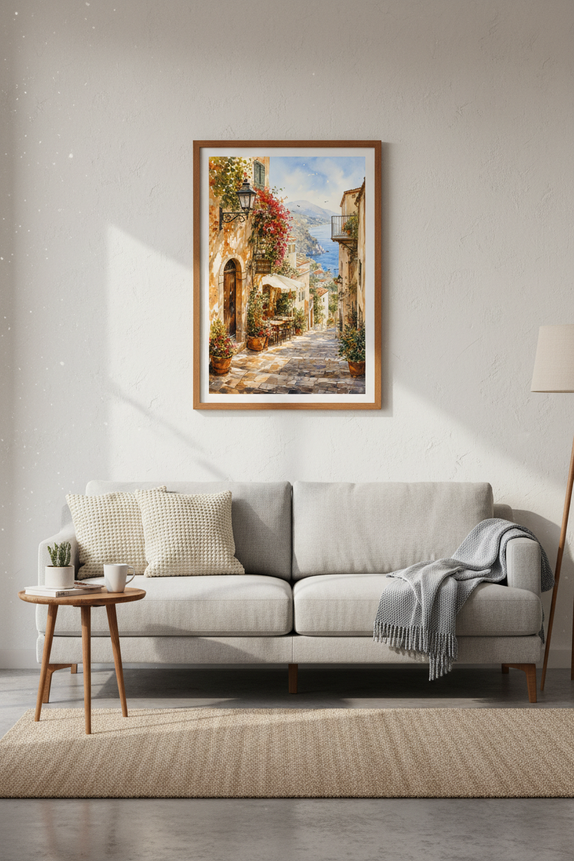 Italian Coast Village Print | Mediterranean Watercolor, Amalfi Coastal Wall Art