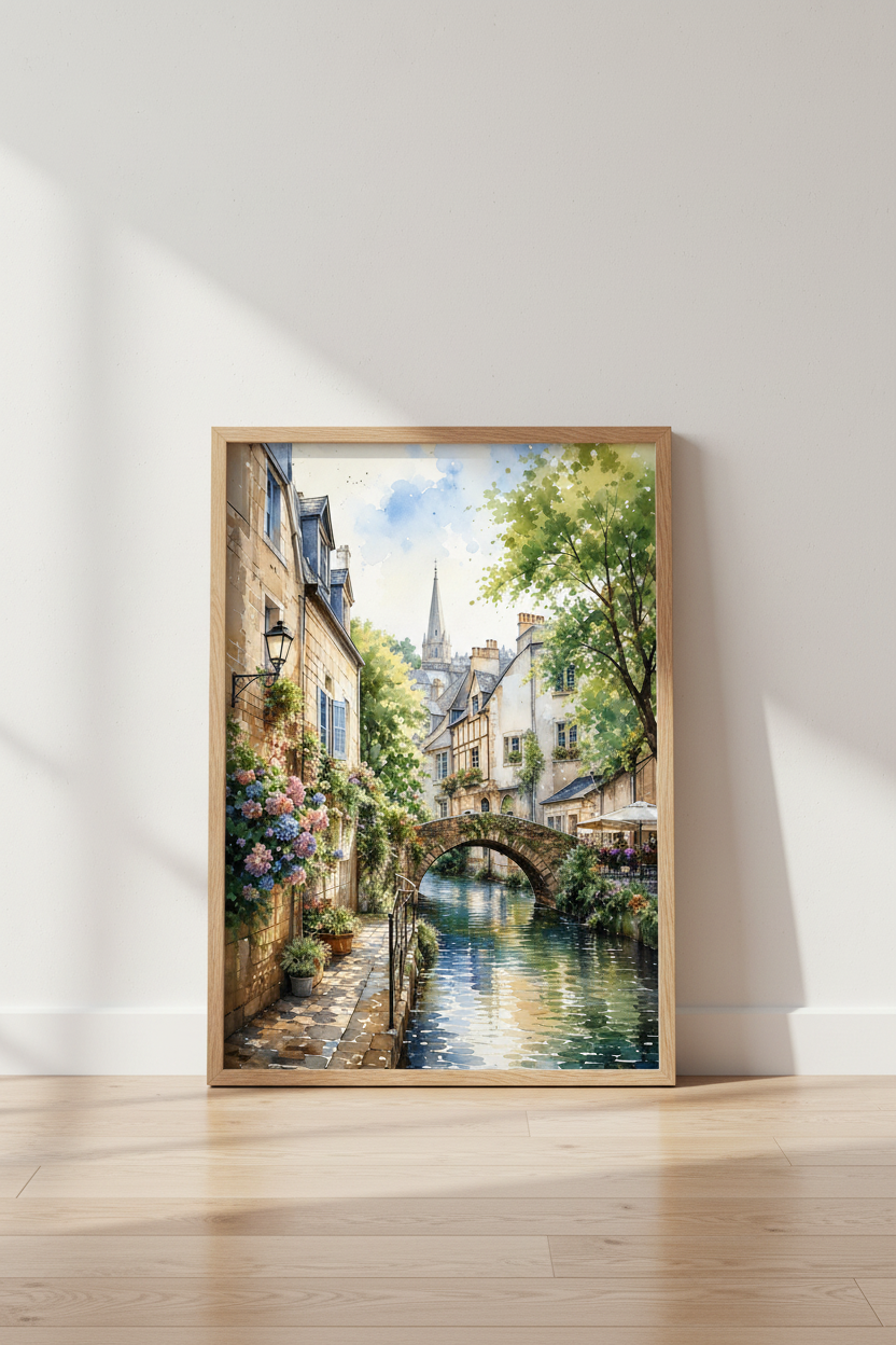 French Village Watercolor Print | European Canal Decor | Dreamy Travel Poster