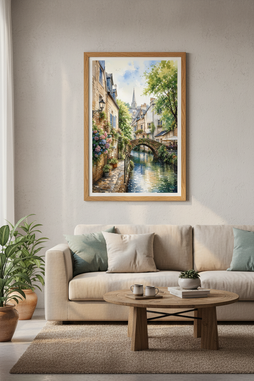 French Village Watercolor Print | European Canal Decor | Dreamy Travel Poster