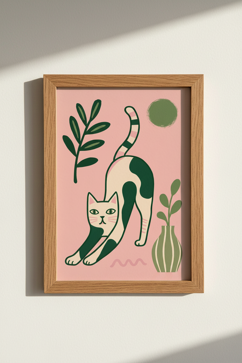 Mid-Century Cat Wall Art Print | Pink &amp; Green Boho Poster | Modern Folk Art Nursery Decor