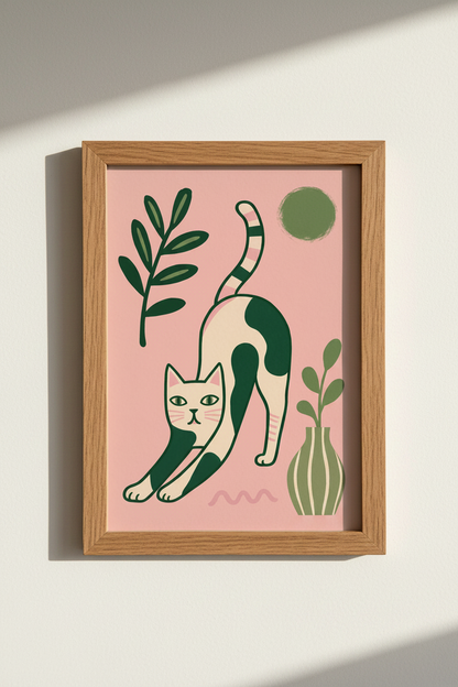 Mid-Century Cat Wall Art Print | Pink &amp; Green Boho Poster | Modern Folk Art Nursery Decor