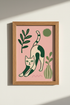Mid-Century Cat Wall Art Print | Pink & Green Boho Poster | Modern Folk Art Nursery Decor