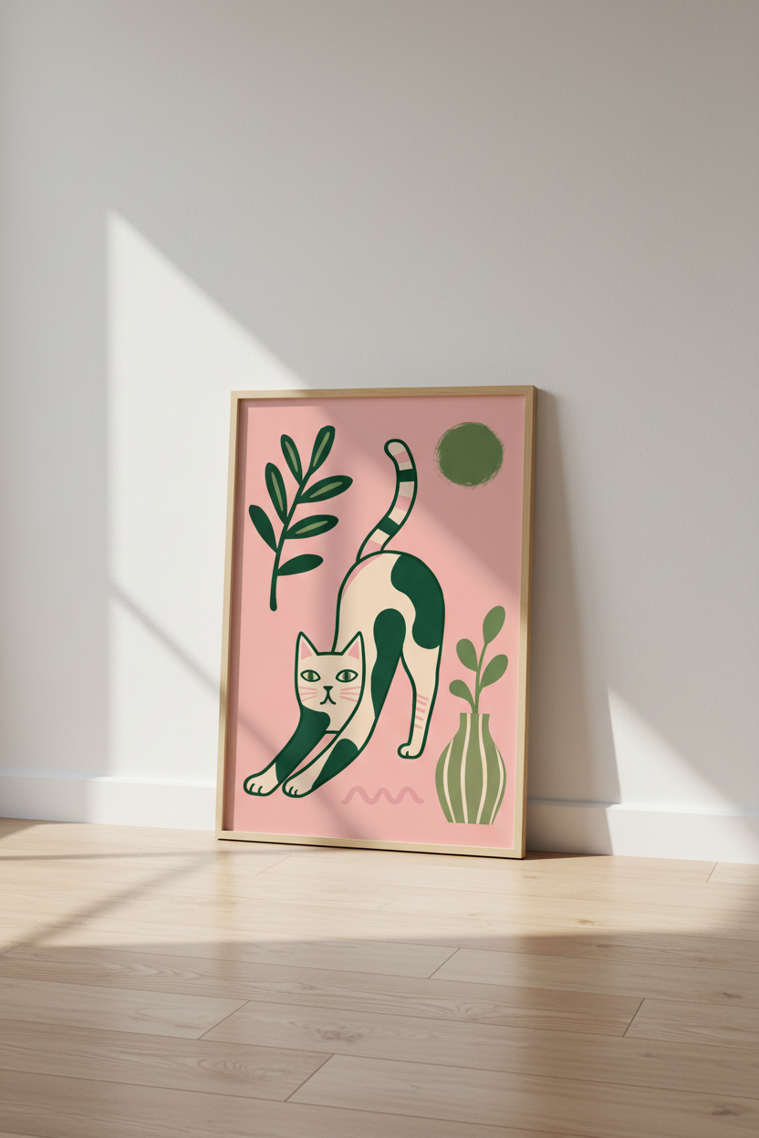 Mid-Century Cat Wall Art Print | Pink &amp; Green Boho Poster | Modern Folk Art Nursery Decor