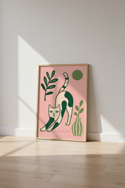 Mid-Century Cat Wall Art Print | Pink &amp; Green Boho Poster | Modern Folk Art Nursery Decor