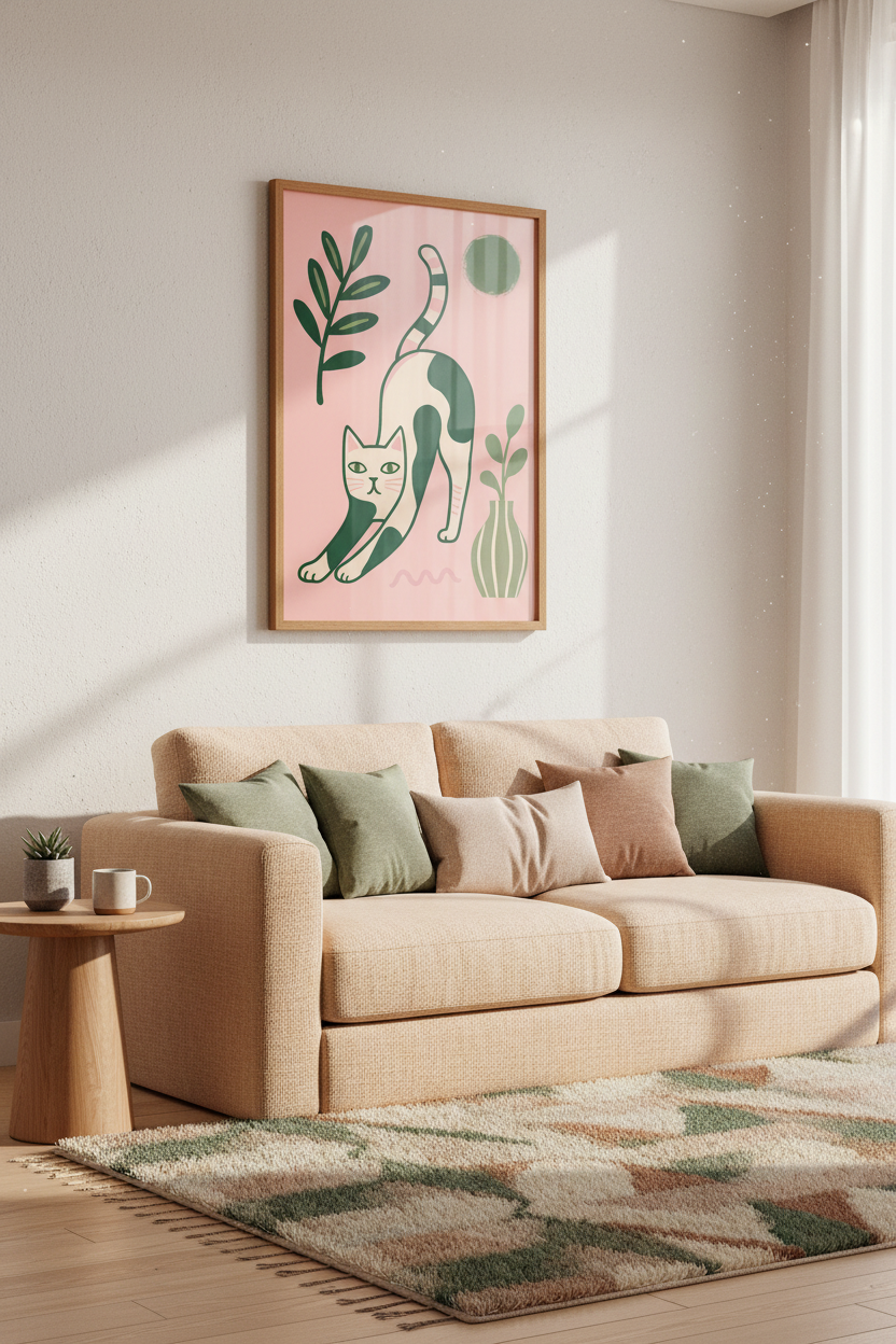 Mid-Century Cat Wall Art Print | Pink &amp; Green Boho Poster | Modern Folk Art Nursery Decor