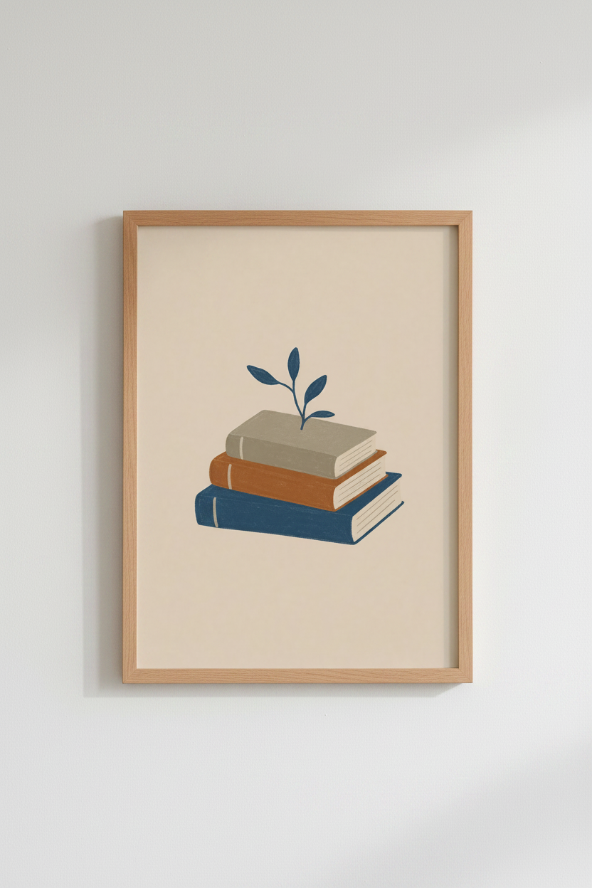 Minimalist Book Stack Wall Art | Navy &amp; Terracotta Library Decor | Boho Bookworm Poster
