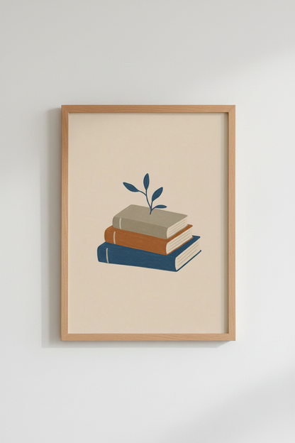 Minimalist Book Stack Wall Art | Navy &amp; Terracotta Library Decor | Boho Bookworm Poster