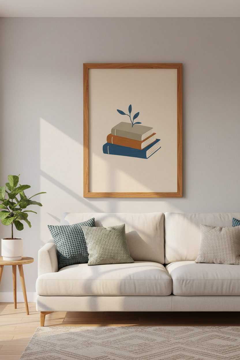 Minimalist Book Stack Wall Art | Navy &amp; Terracotta Library Decor | Boho Bookworm Poster