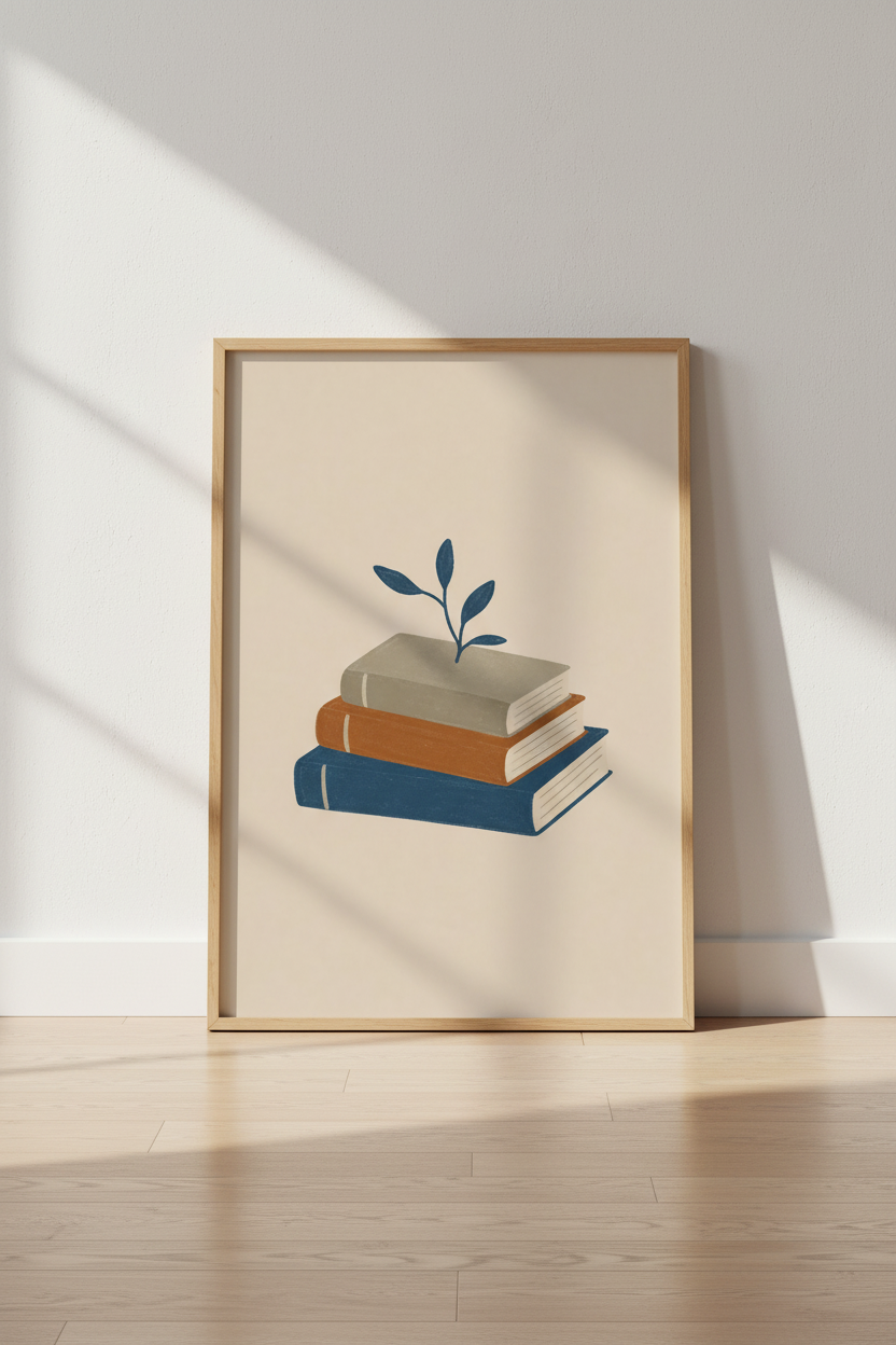 Minimalist Book Stack Wall Art | Navy &amp; Terracotta Library Decor | Boho Bookworm Poster