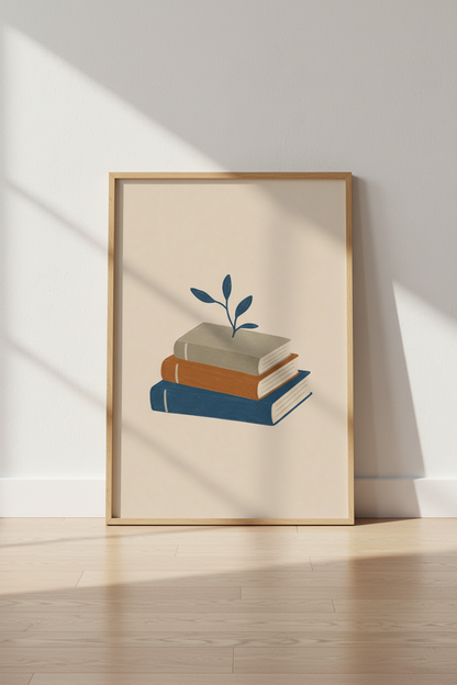 Minimalist Book Stack Wall Art | Navy &amp; Terracotta Library Decor | Boho Bookworm Poster