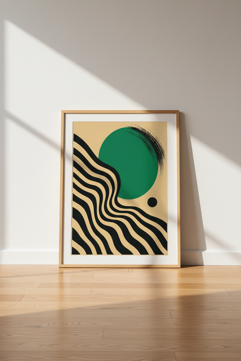 Abstract Geometric Sun | Green &amp; Black Wavy Flow, Modern Minimalist Decor
