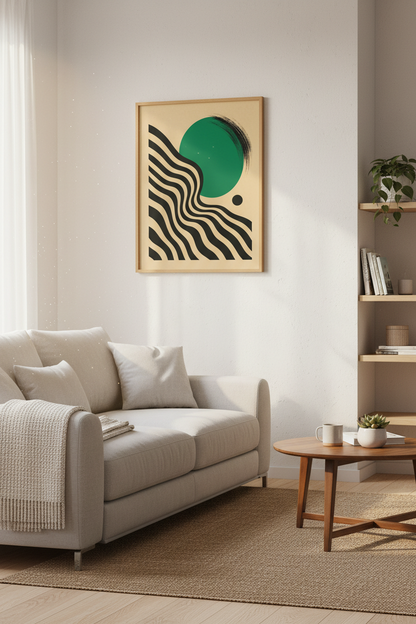Abstract Geometric Sun | Green &amp; Black Wavy Flow, Modern Minimalist Decor