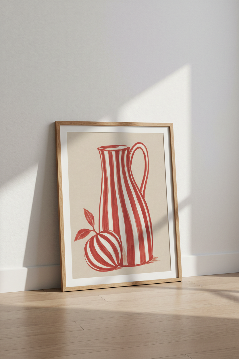 Red Striped Pitcher | Abstract Watercolor, Warm Neutrals | Living Room Decor