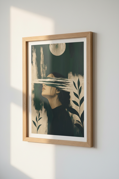 Abstract Moon Portrait | Emerald &amp; Beige Fine Art, Moody Bedroom Decor