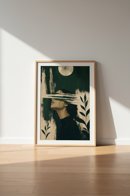 Abstract Moon Portrait | Emerald &amp; Beige Fine Art, Moody Bedroom Decor