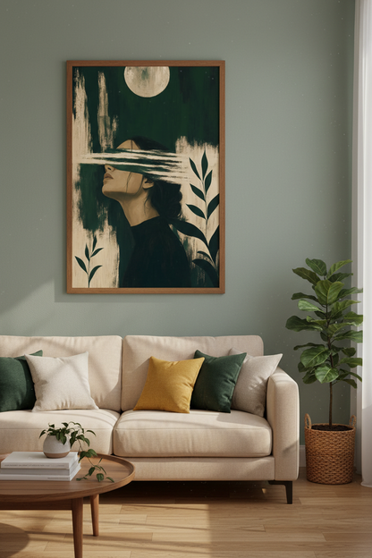 Abstract Moon Portrait | Emerald &amp; Beige Fine Art, Moody Bedroom Decor