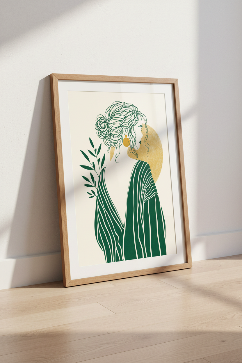 Woman Line Art Print | Emerald Green Botanical, Boho Bedroom Decor Poster