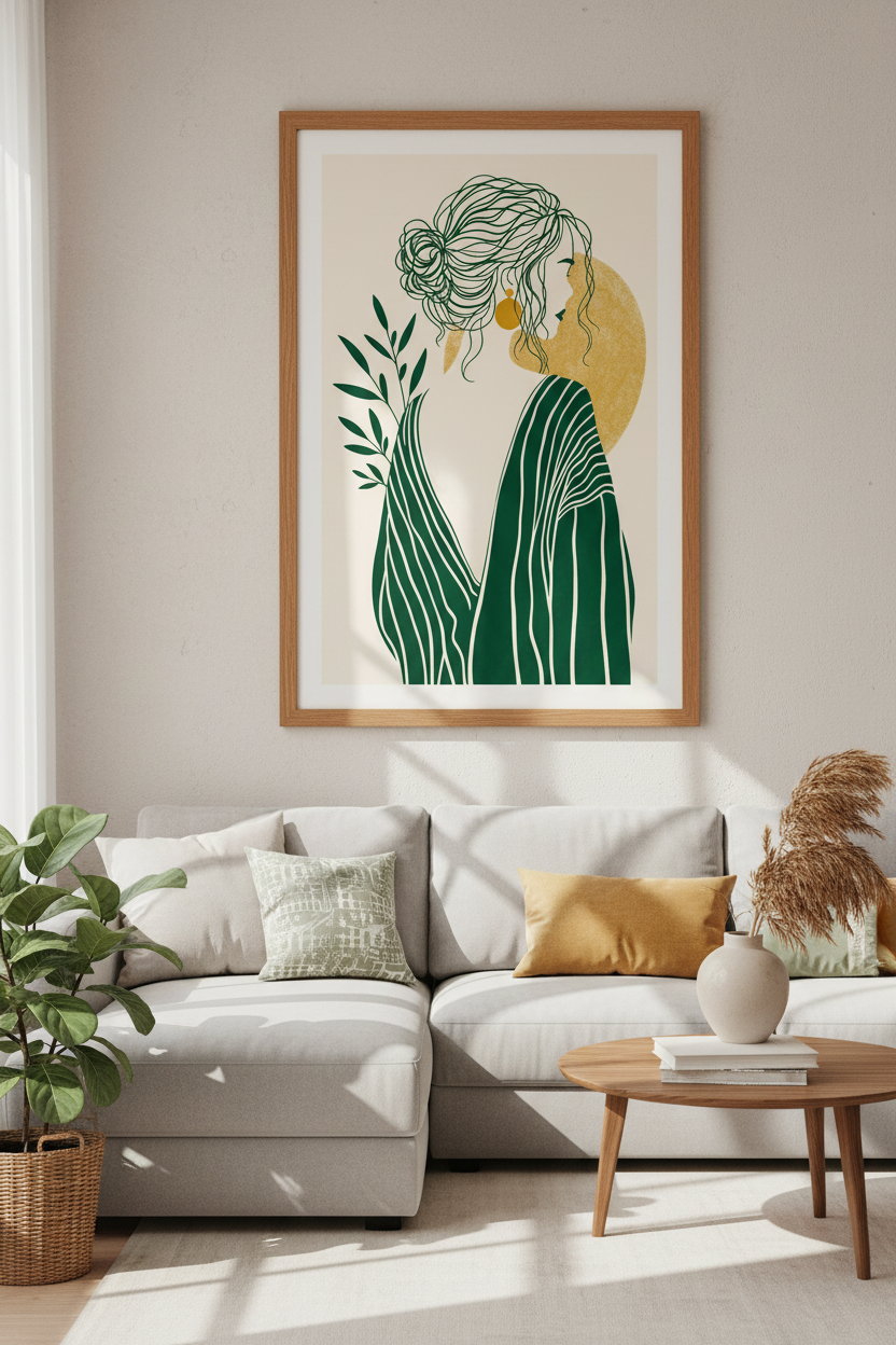 Woman Line Art Print | Emerald Green Botanical, Boho Bedroom Decor Poster